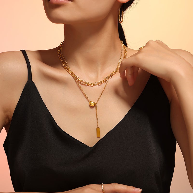 Niche Design Sense Light Luxury Ins Trendy Acacia Bean Pendant Stainless Steel Plated 18K Real Gold Square Brand Double Layer Necklace For Women - Image 3
